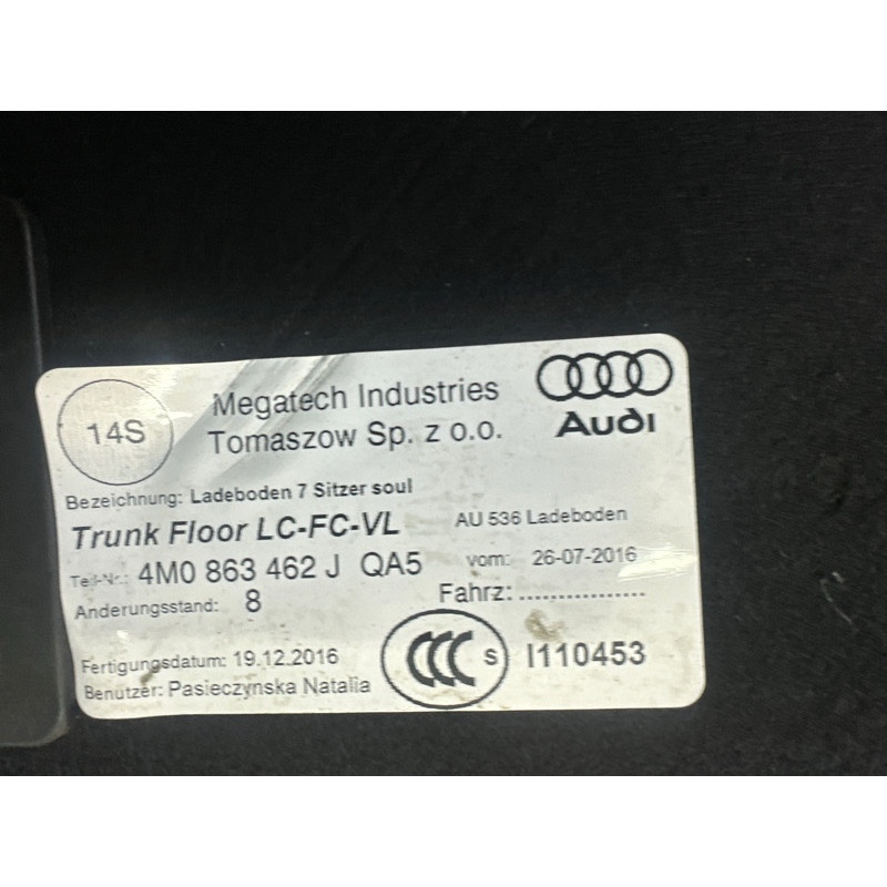 Пол Багажника (салон) AUDI Q7 4M 2017 2.0 TFSI 4M0863462JQA5